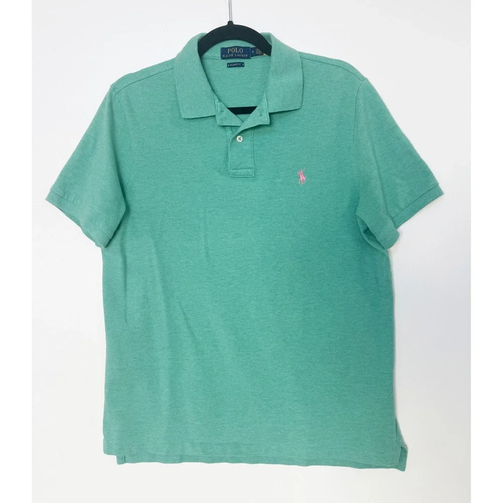 New Polo Ralph Lauren Men Classic Fit Mint Green Polo Shirt Pink Logo Size M